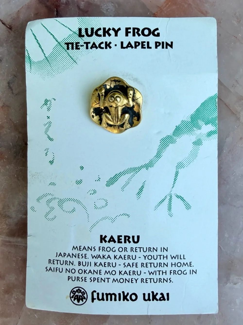 Fumiko Ukai Japanese Kaeru Lucky Frog Gold-Tone Pewter Tie-Tack Lapel Pin